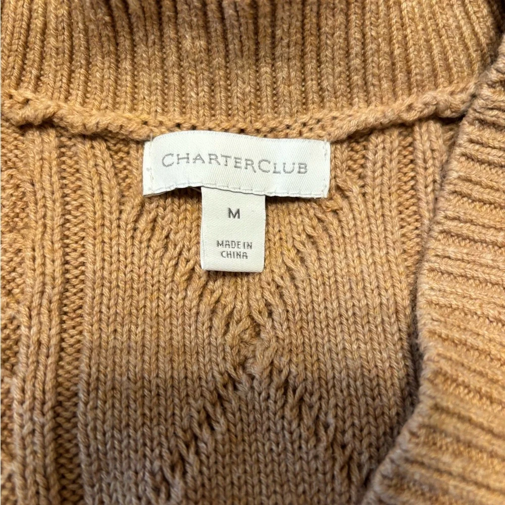 Charter Club Cable Knit Sweater Vest Medium Camel Button Front Pockets Vintage